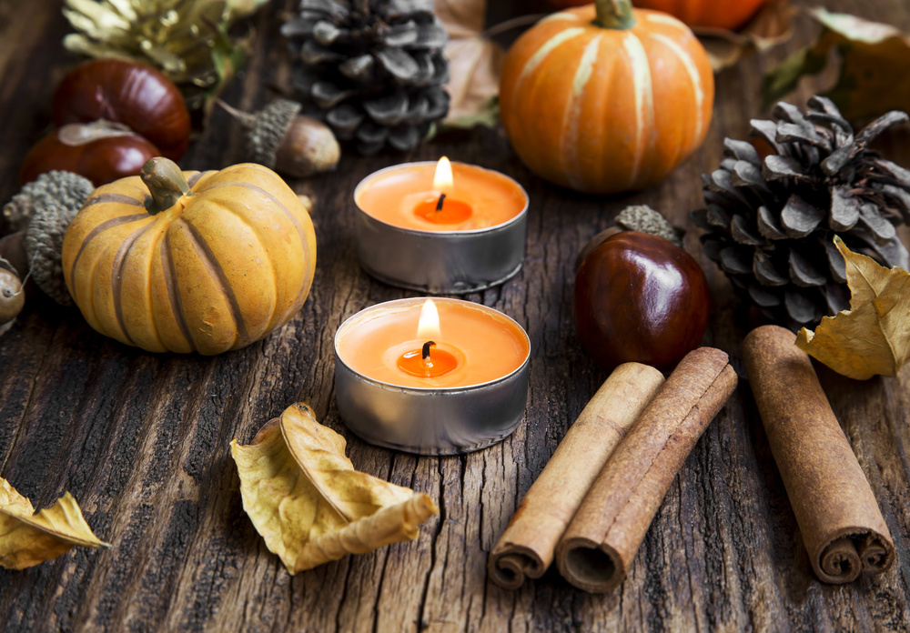 Fall Decoration with Pumpkins, Leaves,Candles, Cinnamon Sticks ,Chestnuts and Acorns